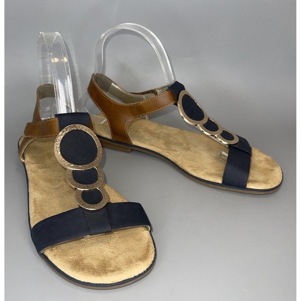 Rieker Leather Sandals Womens 37 US 7 Blue Strap Medallion Open Toe Comfort